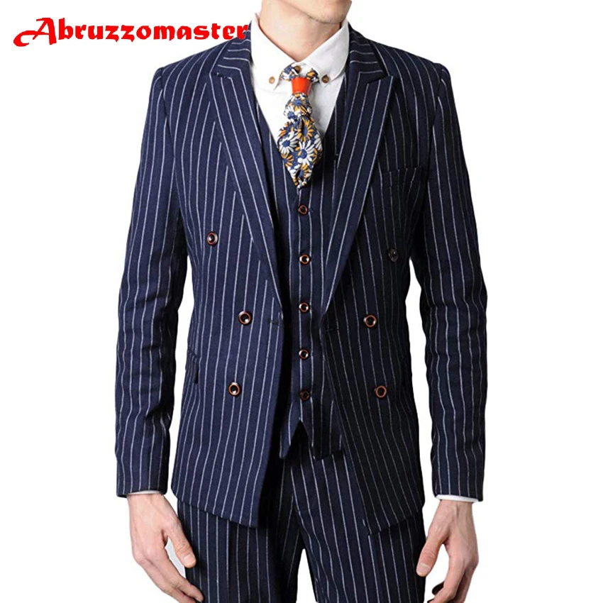 

Abruzzomaster Blue Striped Man Suit Striped Fabrics jacket for Wedding Suits Custom Made Business Suit 3 Pieces Groom Tuxedos