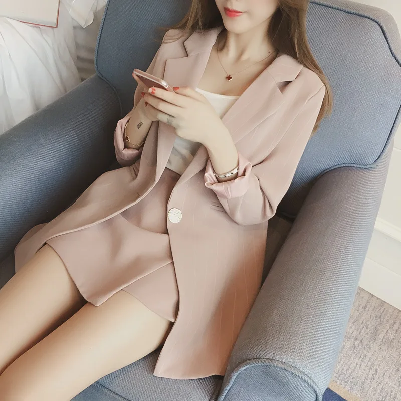 

Hot Selling new 2017 vertical stripes long suit jacket half skirt suit ladies fashion casual suit + skirt two piece set AL50