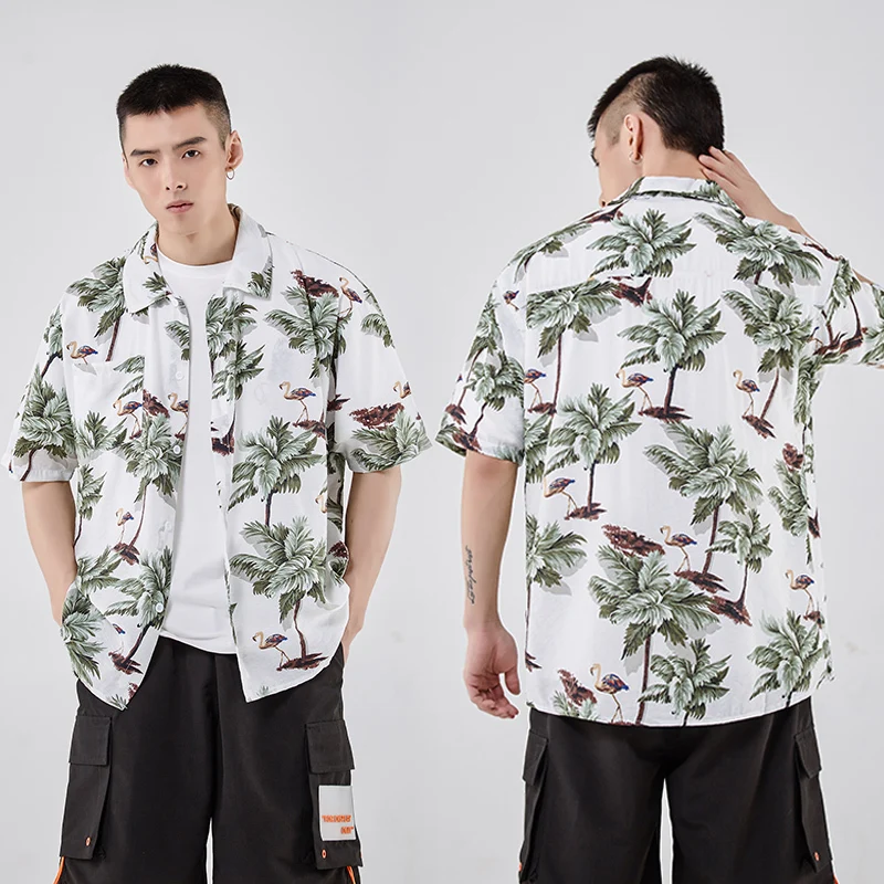 Мужская гавайская рубашка с коротким рукавом белая/зеленая французскими