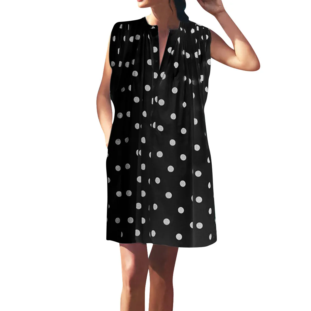 2019 новое летнее платье женское без рукавов в горошек свободное вечернее с