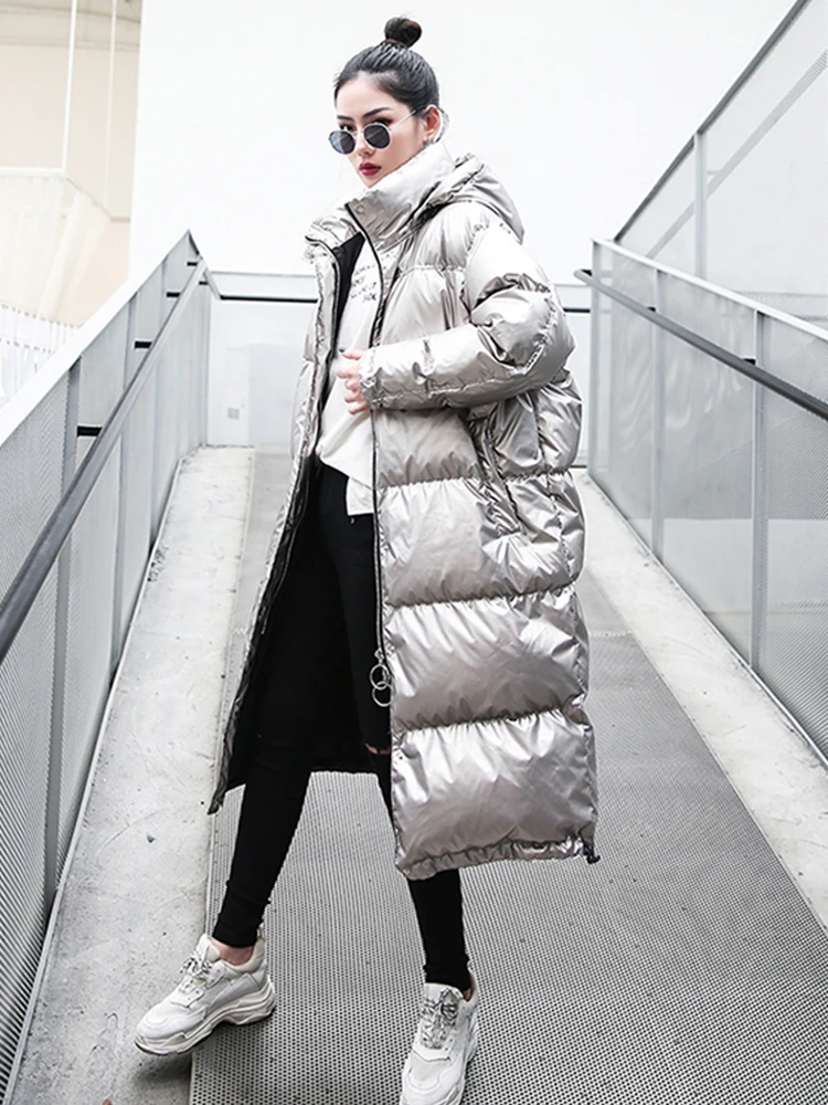 Long Silver Jackets Women Parka Winter Warm Outerwear Fashion Bright Cotton Coat Ladies Winter Loose Down Jacket Thick T399