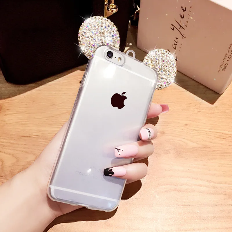 Мультфильм Микки Горный Хрусталь 3D Маус Уши Чехлы Для iPhone 6 S 7 плюс SE 5 5S Мягкий