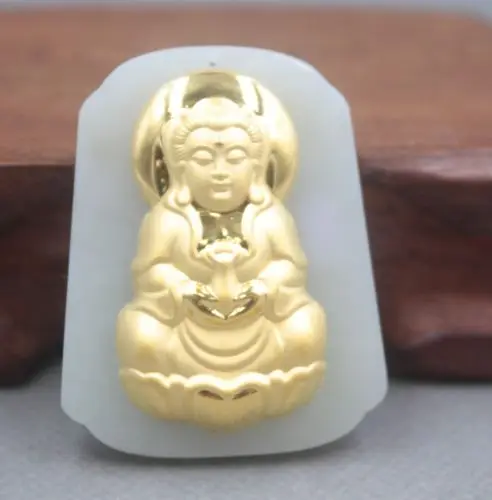 

Natural Hetian Jade Nephrite with 24K Gold Bless Kwan-Yin Pendant 46mm H