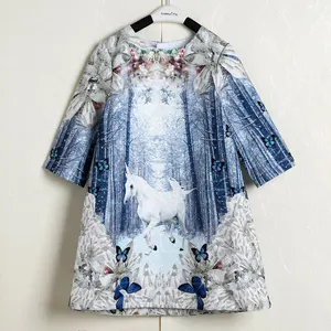 Qaoerdeосеннее платье с рисунком единорога для девочек, синие детские повседневные платья с длинными рукавами для девочек, От 3 до 12 лет, милая Одежда для девочек