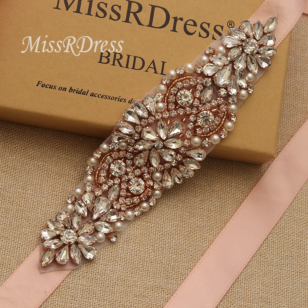 

MissRDress Rhinestones Wedding Belt Pearls Stain Bridal Belt Rose Gold Crystal Bridal Sash For Wedding Evening Gown JK849