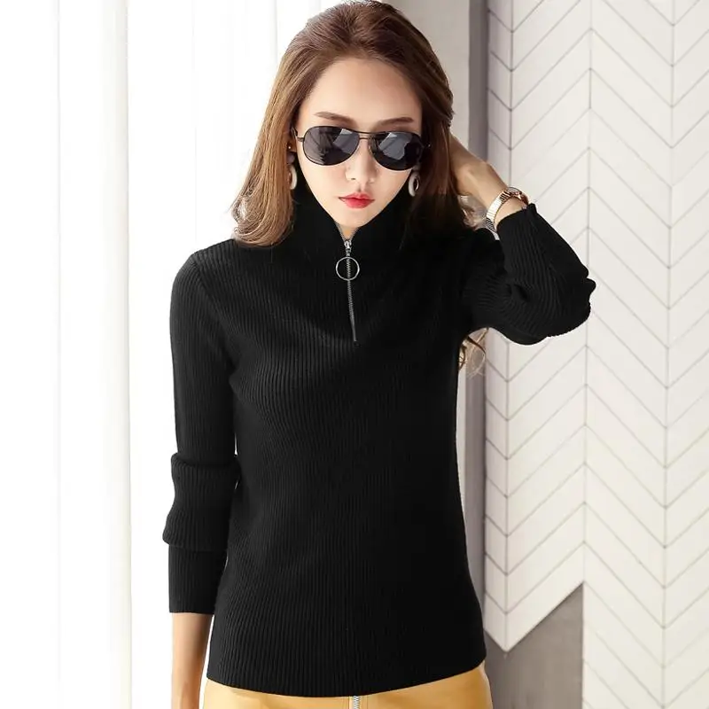 

Vangull Turtleneck Women Sweater And Pullovers Fall 2019 New Spring Autumn Zipper Knitted Sweater Women High Elastic Solid Tops
