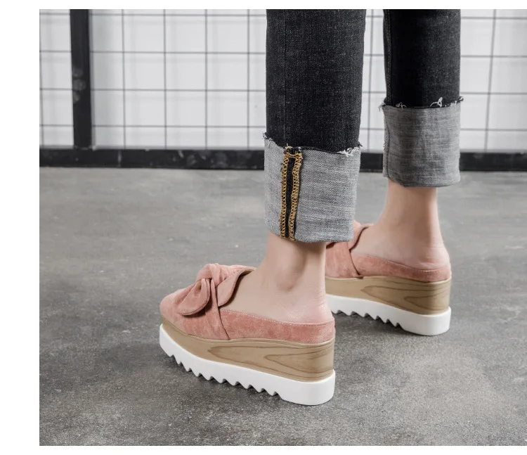 Корейский Slingback мюли для женщин завязанный бант клинья туфли без каблуков шлёпанцы для женщин квадратный носок мокасины на танкетке Платформа bullock обувь pantufla2019