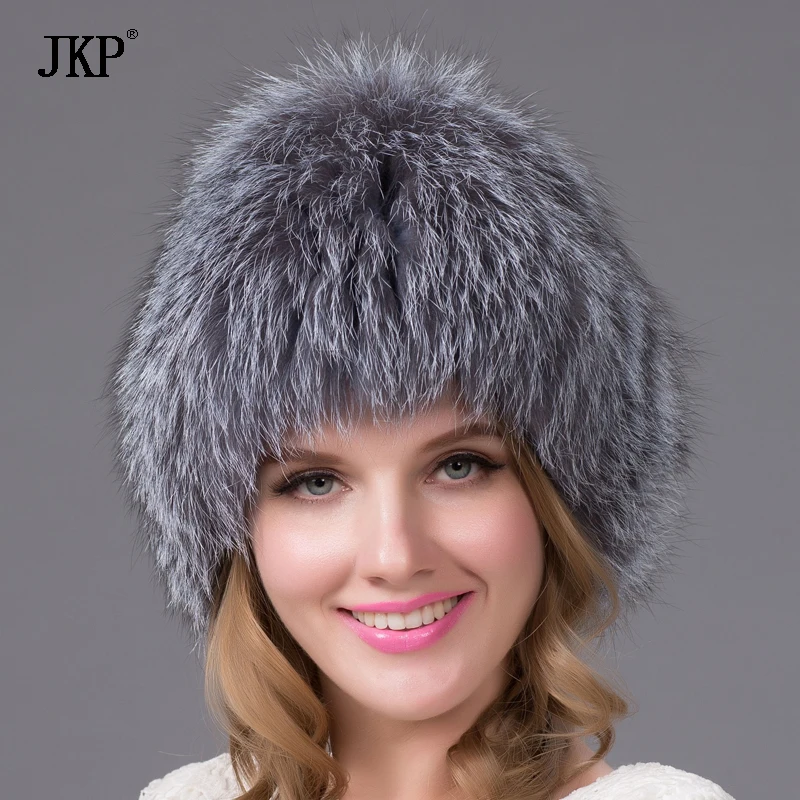 JKP Natural Silver Fox Fur Cap Women Winter Knitted Cap Fox Fur Bomber Hat Female Ear Protection Hat