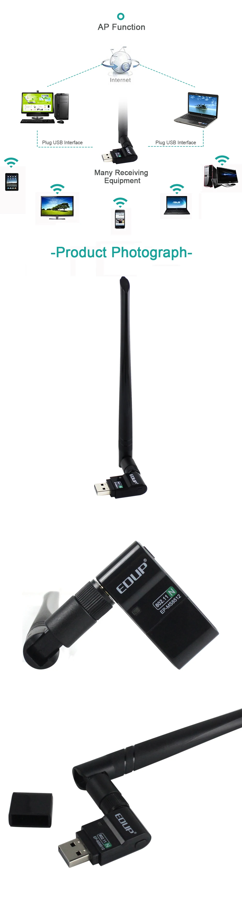 EDUP беспроводной usb wifi адаптер 300 Мбит/с высоким коэффициентом усиления 6dBi антенна дальний Wi-Fi приемник usb ethernet адаптер для ПК