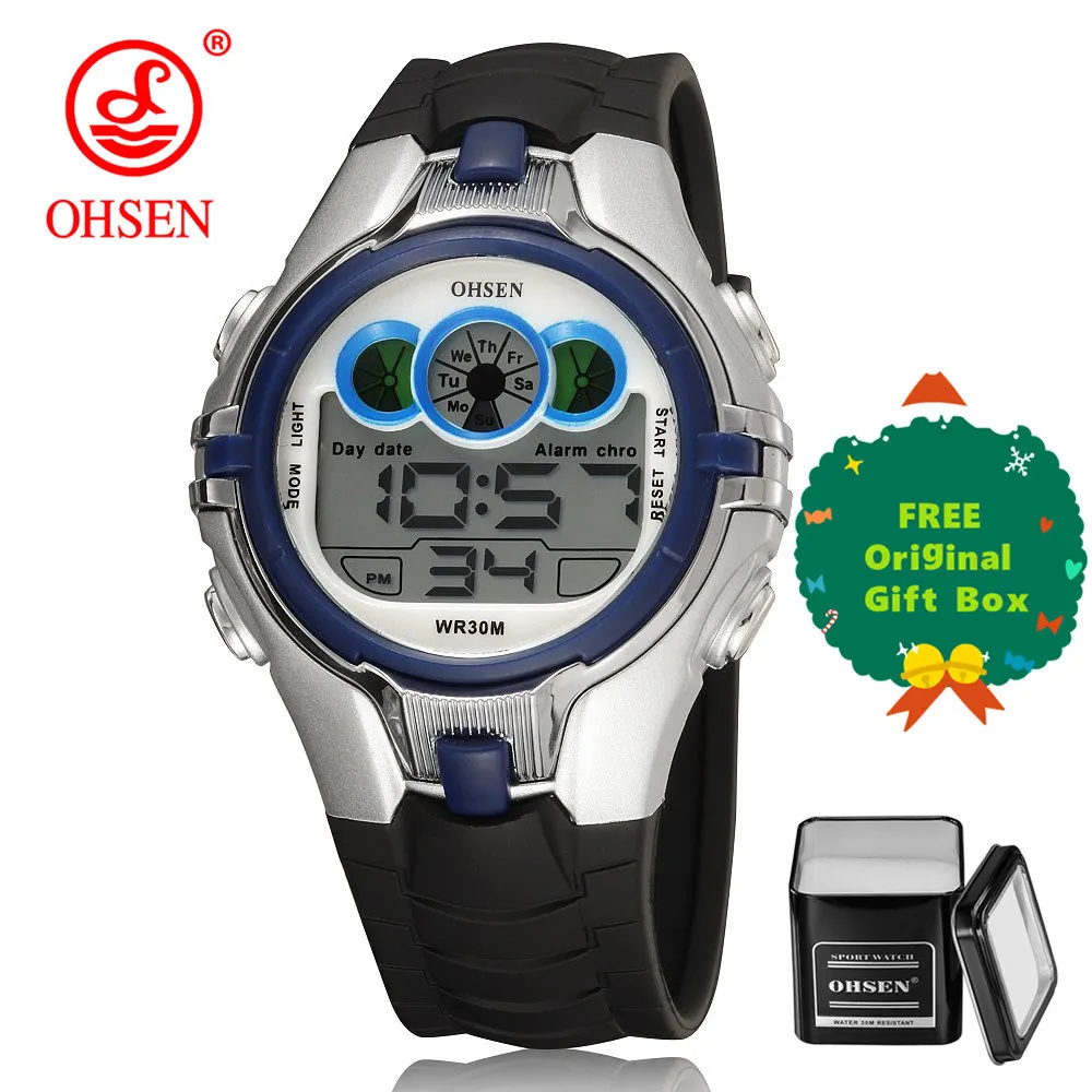 Blue and gift box OHSEN детские часы милые детские часы спортивные Мультяшные часы для девочек и мальчиков резиновые детские цифровые светодиодный наручные часы Reloj - Цвет: Blue and gift box