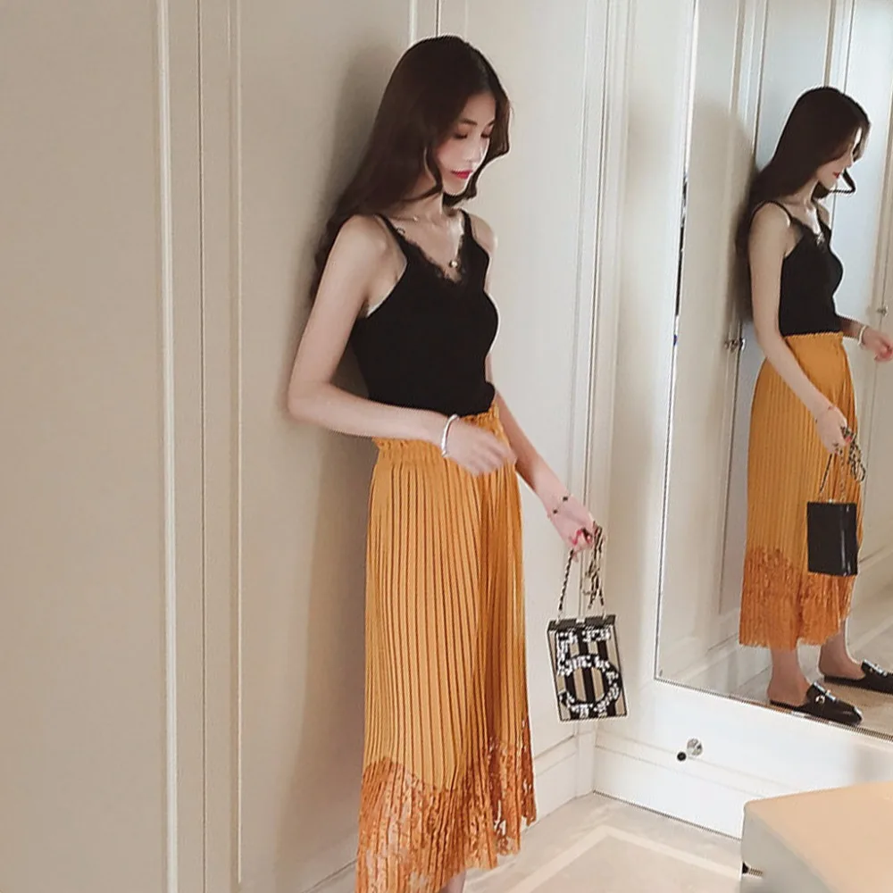 

Sexy Women Plain Camisole Lace Splicing Double V-neck Vest Slim Sling Tank Tops