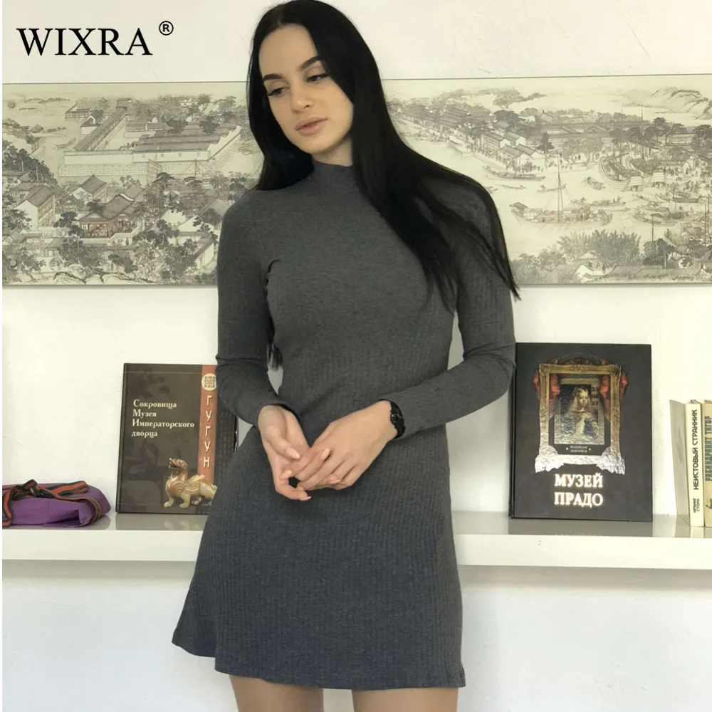 WIXRA базовое платье с высоким воротом весна 2018 новое женское длинным рукавом А