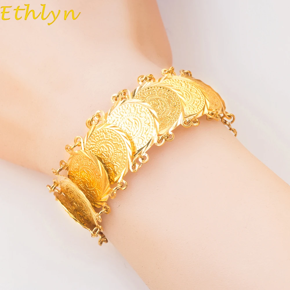 Ethlyn 19 см + 5 ислам монеты браслет для денег Монета золотой цвет унисекс Арабские