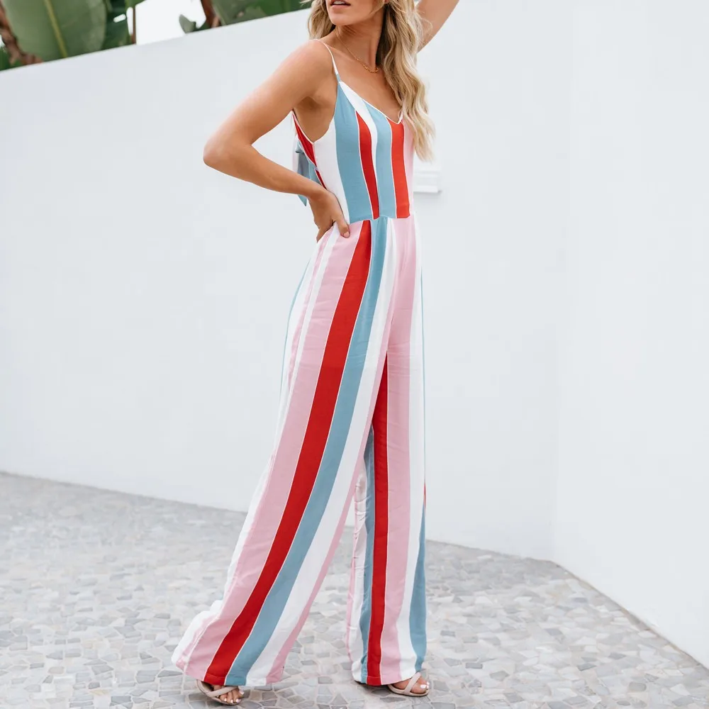 Многоцветной полосатый костюм на бретельках для женщин 2018 без рукавов с v