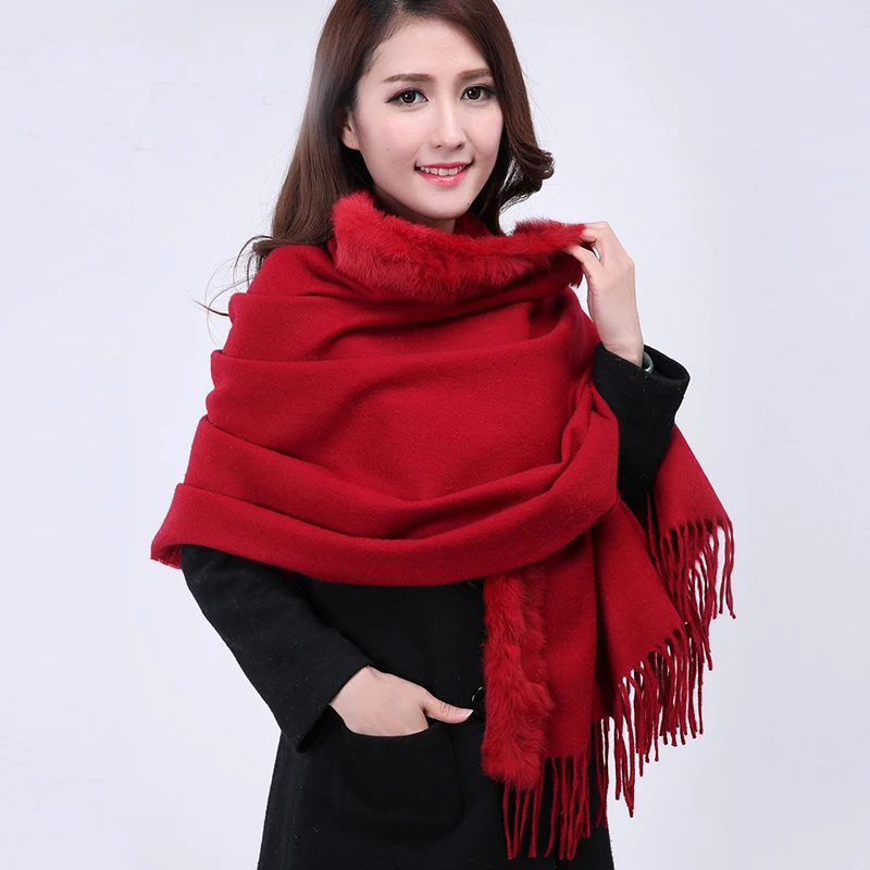 Однотонная винно красная женская шаль из 100% шерсти с кроличьим мехом новинка