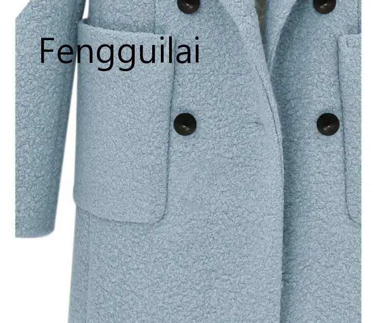 

2019 Autumn Winter Women Turquoise blue White Simple Woolen Long Coat Notched Thick Tweed Outerwear Casacos femininos