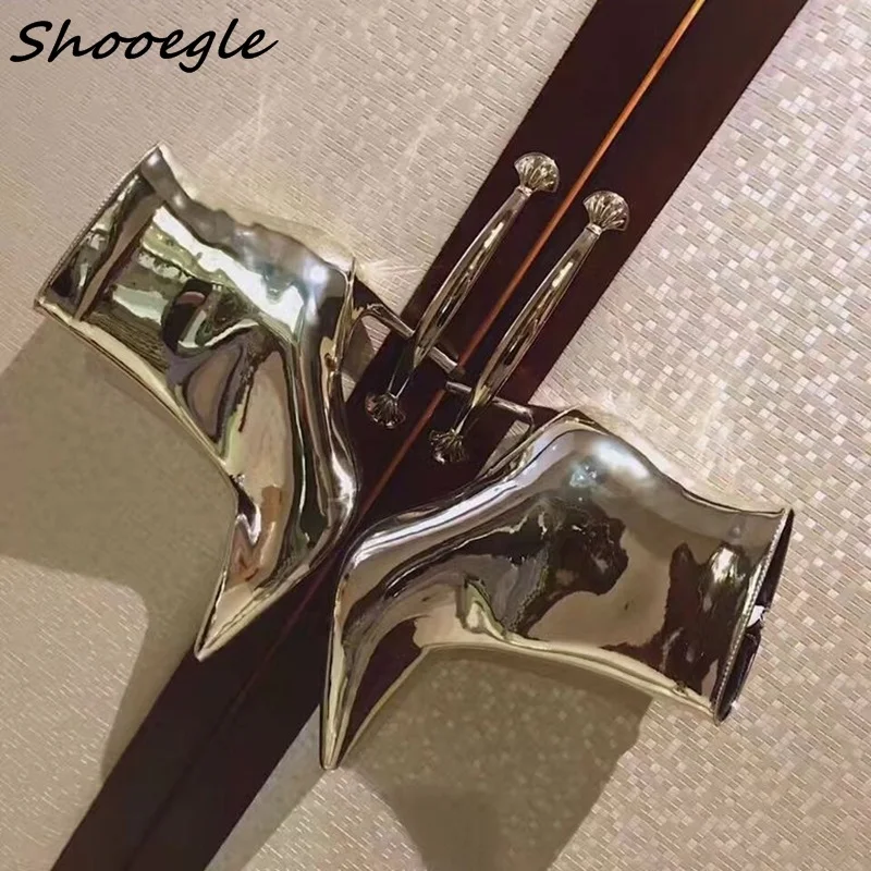 SHOOEGLE Модные металлические кожаные ботильоны с острым носком на высоком каблуке