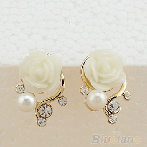 Korean Style OL Pink Rose Flower Shiny Crystal Rhinestone Pearl Stud Earrings 00UP | Украшения и аксессуары