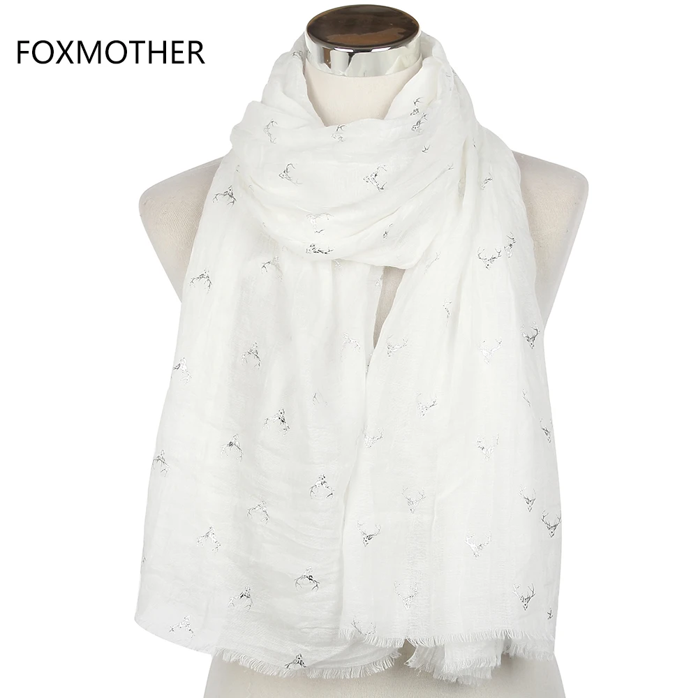 Женский Длинный шарф FOXMOTHER Белый/Бронзовый/серебристый длинный с оленем и