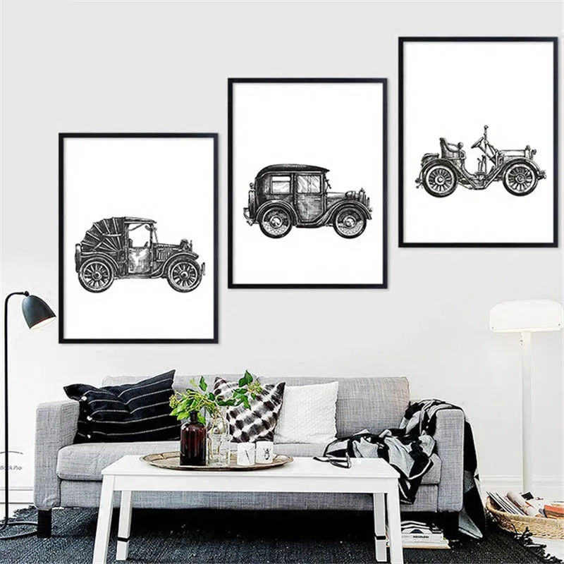 Modern Black And White Minimalist Poster Print Bedroom Wall Vintage Old Car Painting Nordic Canvas Pictures Home Decor Framework | Дом и сад