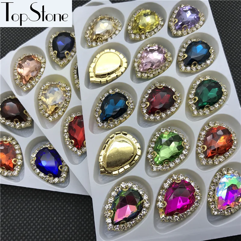Sew On Teardrop glass crystal fancy stone 13X18mm In Golden handmade claw 18x24mm for Jewelry Making | Дом и сад