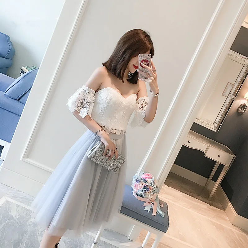 Two Pieces White Lace And Grey Tulle Sweetheart Short Sleeve Off The Shoulder robe de soiree Abendkleider Party Dress One-piece | Женская