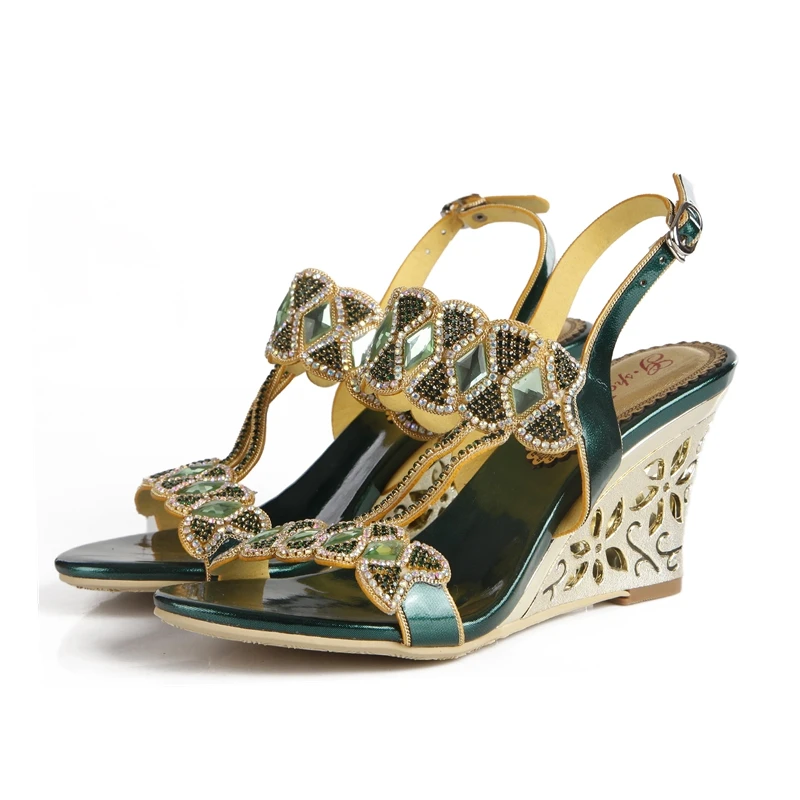 

2019 Summer Large Size Green Bow Pattern Rhinestone Wedge Sandals Wild Open Toe Retro Boho Style High Heels Beach Party Shoes