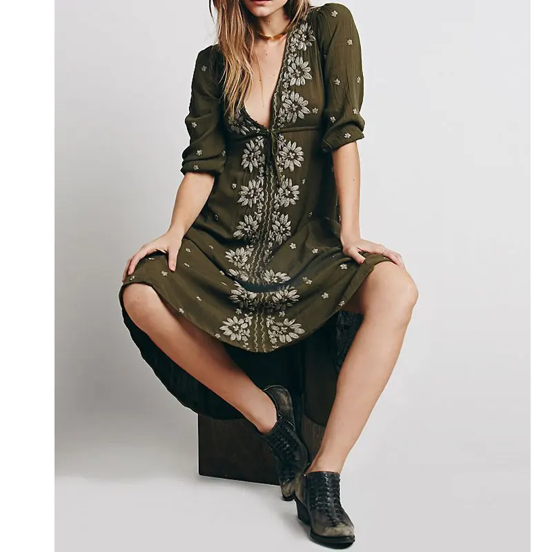 

Women Summer Hippie Boho Ethnic Embroidery Maxi Long Dress Casual Cotton Mid-calf Female Vestido Black Turquoise White