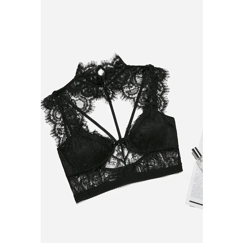 

SEBOWEL Sexy Black Lace Strappy Bustier Crop Top Women Sleeveless Lace Club Tops Sheer Lace Night Club Wear