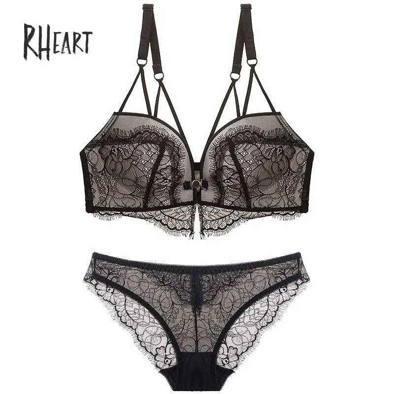 Roseheart, женские модные розовые зеленые сексуальные комплекты нижнего белья, хлопковые трусики, нижнее белье, пуш-ап бюстгальтер, Набор чашек A B, застежка спереди, беспроводной - Цвет: Black