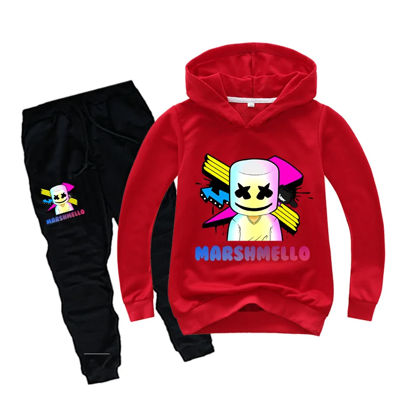 Boys Girls Marshmello Kids Hooded Sweatshirt Pullover Hoodies &amp Long Pants DJ Spring Fall Casual Costumes Outfit Set | Детская одежда