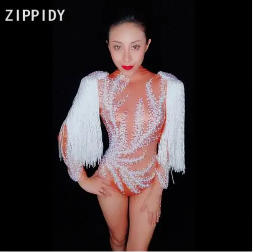 2020 Women New Multicolor Sexy Tassels Sleeve Shiny Rhinestone Bodysuit Elastic Tights DJ Singer Nightclub Party Stage Costume