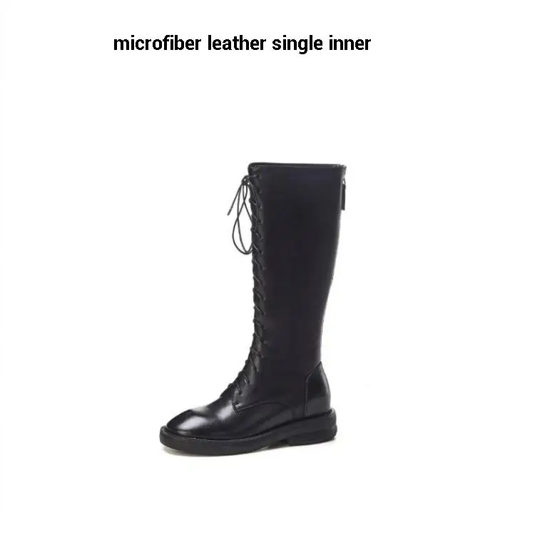 Black(single inner) CDAXILAN/новые женские сапоги до колена из натуральной коровьей кожи, на плоской подошве, с круглым носком, на среднем каблуке, с перекрестной шнуровкой, зимние ботинки martin - Цвет: Black(single inner)