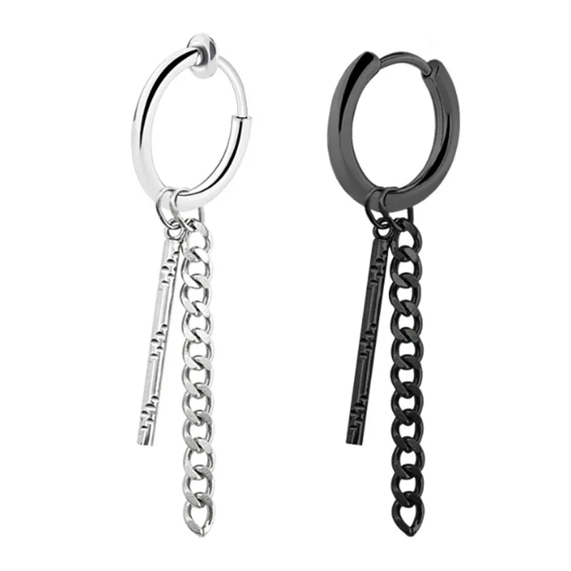 

New Punk Chain Non Piercing Ear Clip For Women & Men Black Silver Color Stainless Steel Stud Earrings Fashion Jewelry gifts