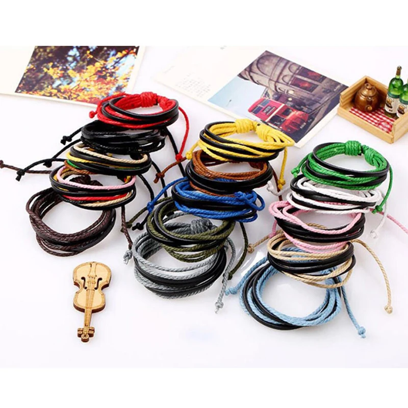Button Hand Chain Leather Bracelet Fashion Bangles Wrist Men`s Wrap Weave Band | Украшения и аксессуары