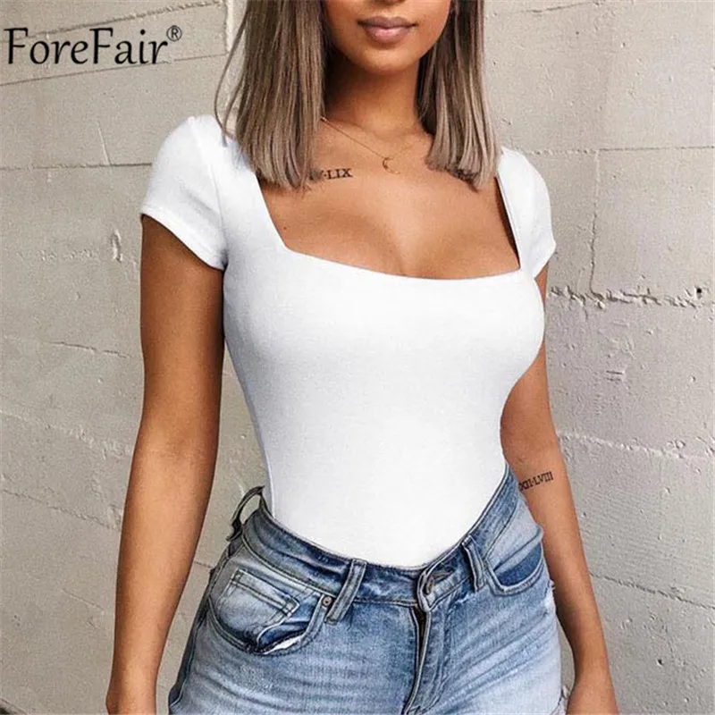 ForeFair, сексуальный черный боди, Женское боди с коротким рукавом, белый, красный, боди, комбинезон, женские летние боди, квадратный воротник, уличная одежда - Цвет: Белый