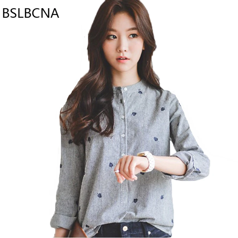 

2022 Autumn Fashion Korean Style Striped Stand Collar Embroidery Slim Long Sleeves Bottoming Clothes Womens Tops And Blouse A401