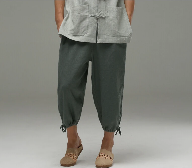 Новинка 2018 летние однотонные льняные брюки Капри мужские длиной до икры горячие