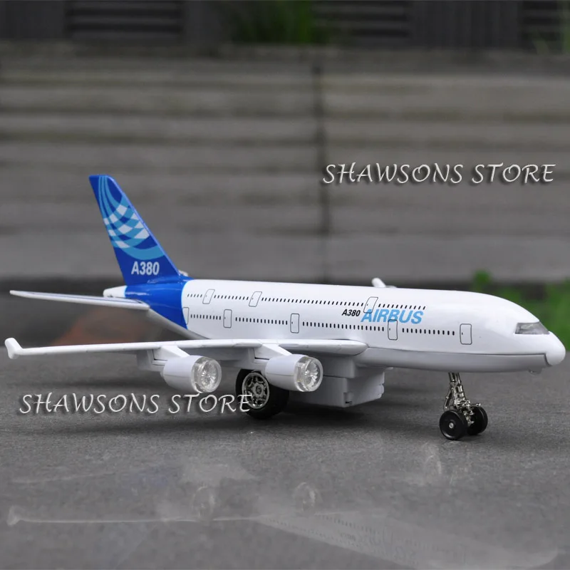 Литой металлический самолет модель игрушки " Airbus A380 Вытяните назад Реплика w/звук и светильник - Цвет: Синий