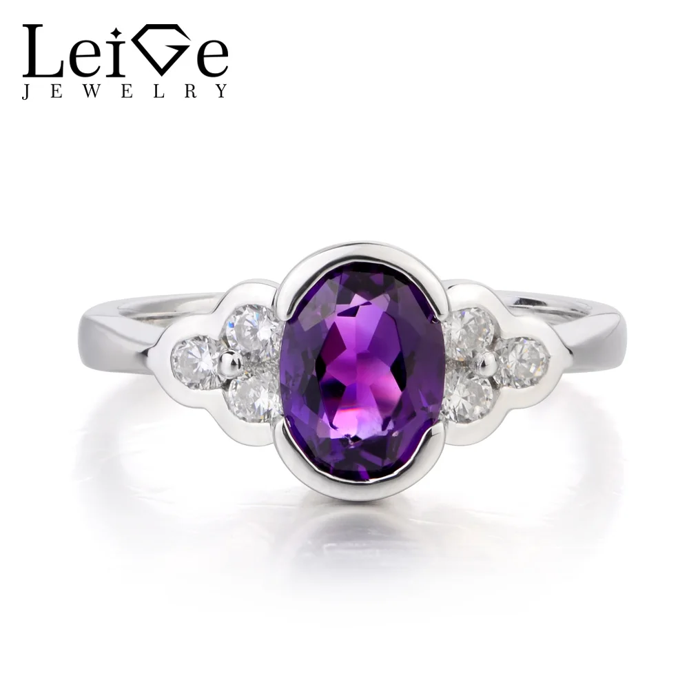 

Leige Jewelry Proposal Ring Natural Purple Amethyst Ring Oval Cut Gemstone February Birthstone Ring 925 Sterling Silver for Her