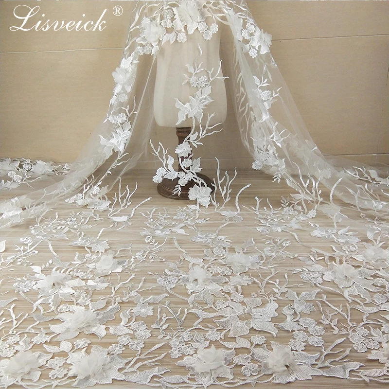 

high quality 1 Yard Embroidery 3d Flower Gauze Wedding Dress Big Lace Fabric Ivory White DIY Handmade Patchwork Sewing Supplies