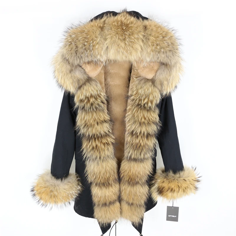 black natural 1 Brand Real Fur Coat Fashion Winter Jacket Women Natural Real Fox Fur Collar Loose Long Parkas Big Fur Outerwear Detachable - Цвет: black natural 1