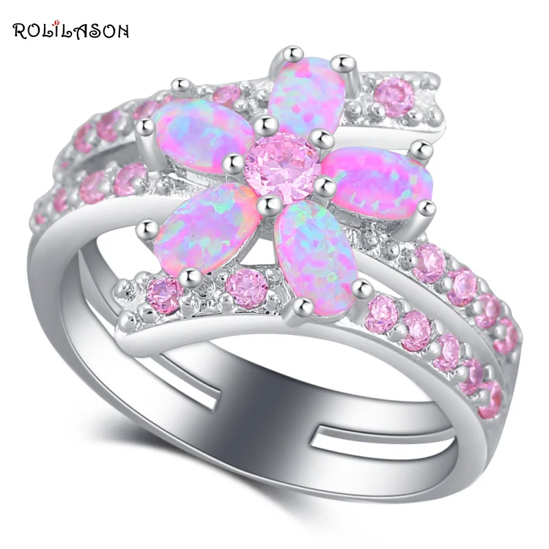 

ROLILASON Luxury Sparkling Flower Style Pink Fire Opal Silver Zircon Fashion Jewelry Ring USA Sz #5#6#7#8#9#10 OR880