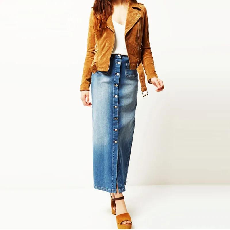 Женская летняя джинсовая юбка средней длины с разрезом спереди облегающая