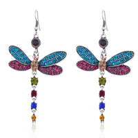 handmade cute animal dragonfly dangler earrings vintage blue crystal statement drop earrings for women fashion ear jewelry
