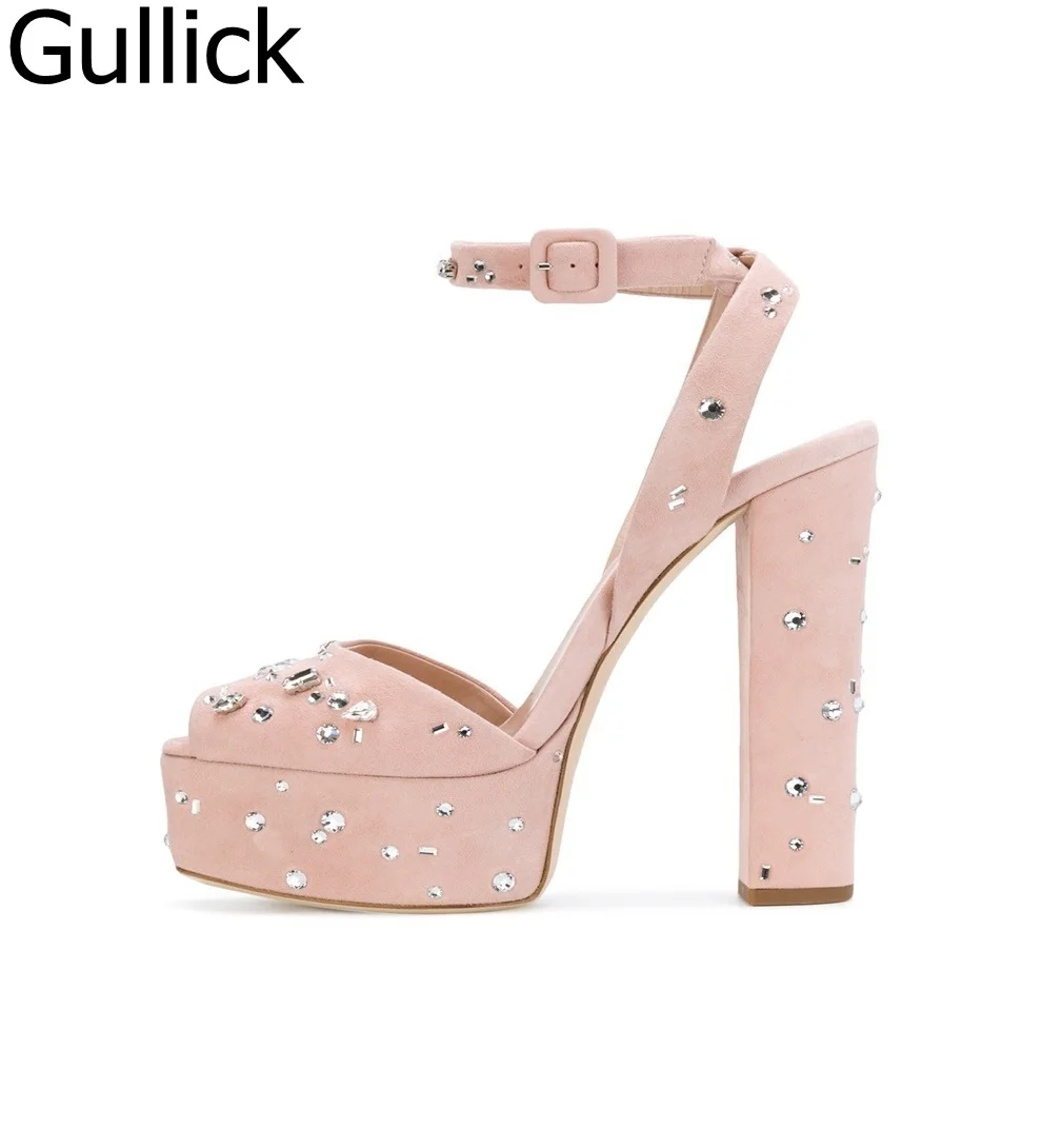

Women Elegant Pink Suede Crystal Decoration Chunky Heels Sandals Summer Peep Toe Ankle Buckle Strap High Heel Wedding Shoes