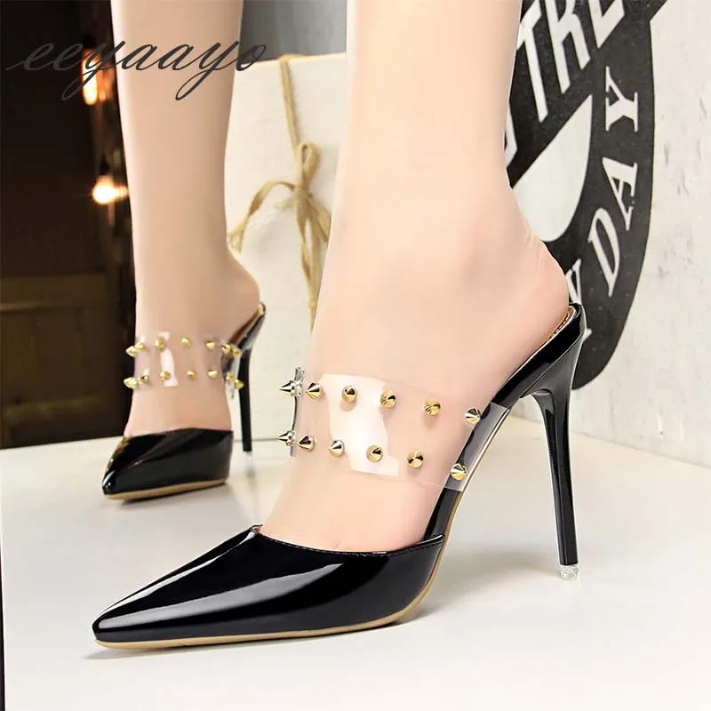 2019 New Summer Women Mules Slippers High Thin Heel Pointed Toe Metal Rivet Sexy Ladies Shoes Gold Outside Slides | Обувь
