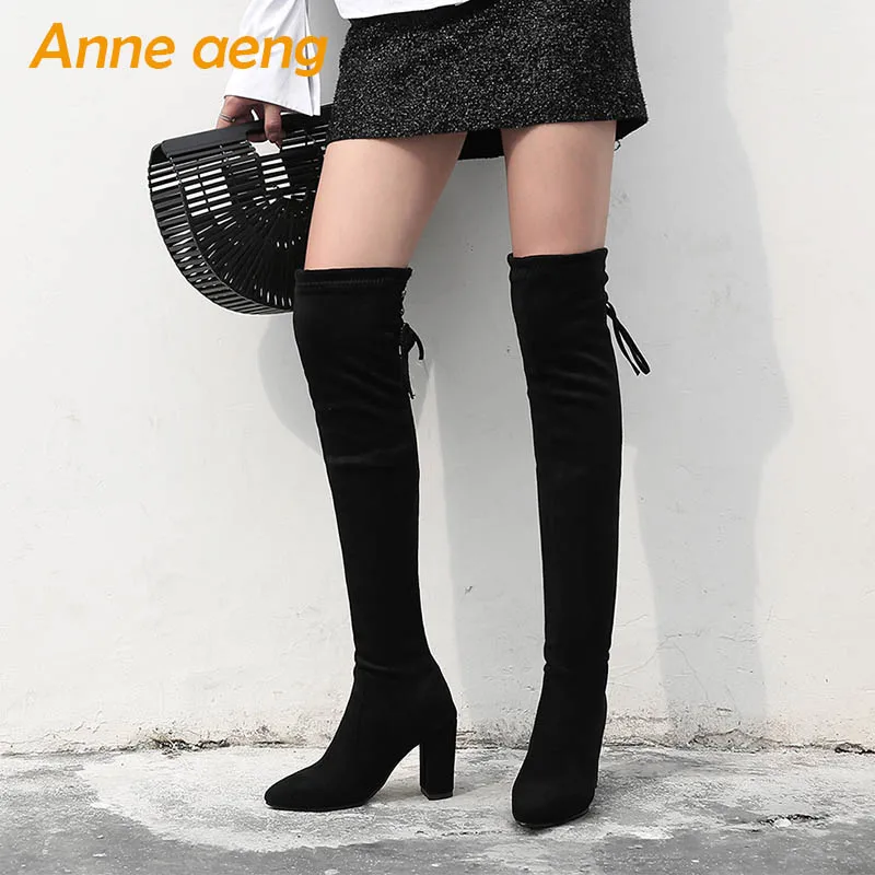 2018 новые зимние женские ботфорты на высоком каблуке с острым носком шнуровке