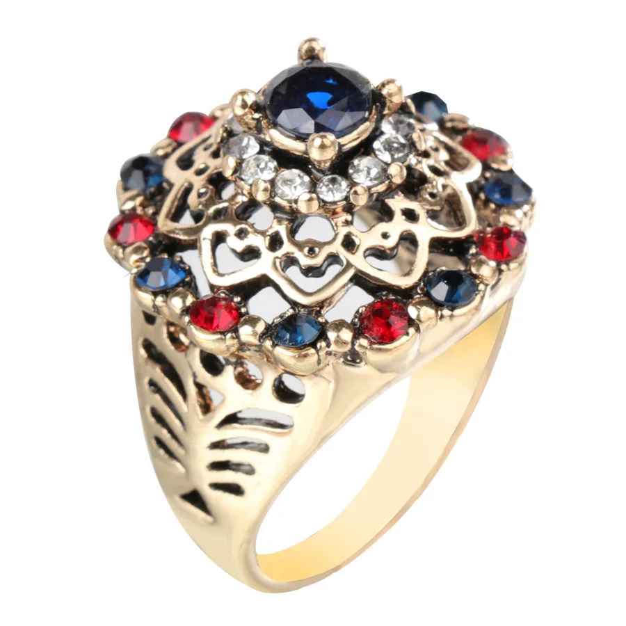 

WLP New Boho Jewelry Trendy Vintage Style Big Finger Rings Blue Gem Stone Crystal Ring for Women Elegant Flower Crown Ring Gift