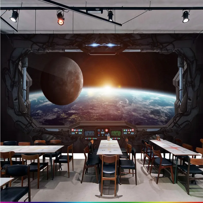 Фотообои на заказ 3D стерео игровая комната фотообои космический корабль луна